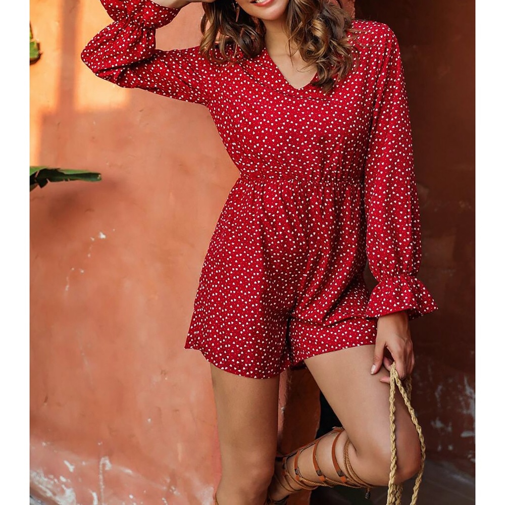 Heart Print Casual Romper Red Long Sleeve